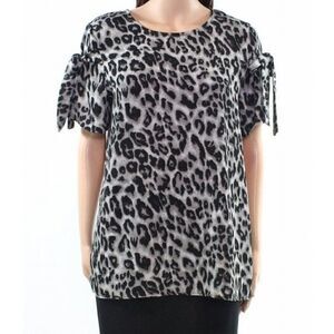 New Pleione Gray Leopard print Blouse with Tie Sleeve details
